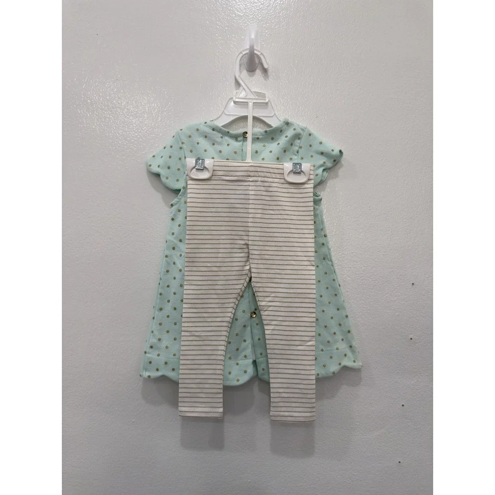 Tahari Baby Girls 2-Piece Dress & Leggings Set Mint Green Gold Polka Dot NWT 12M